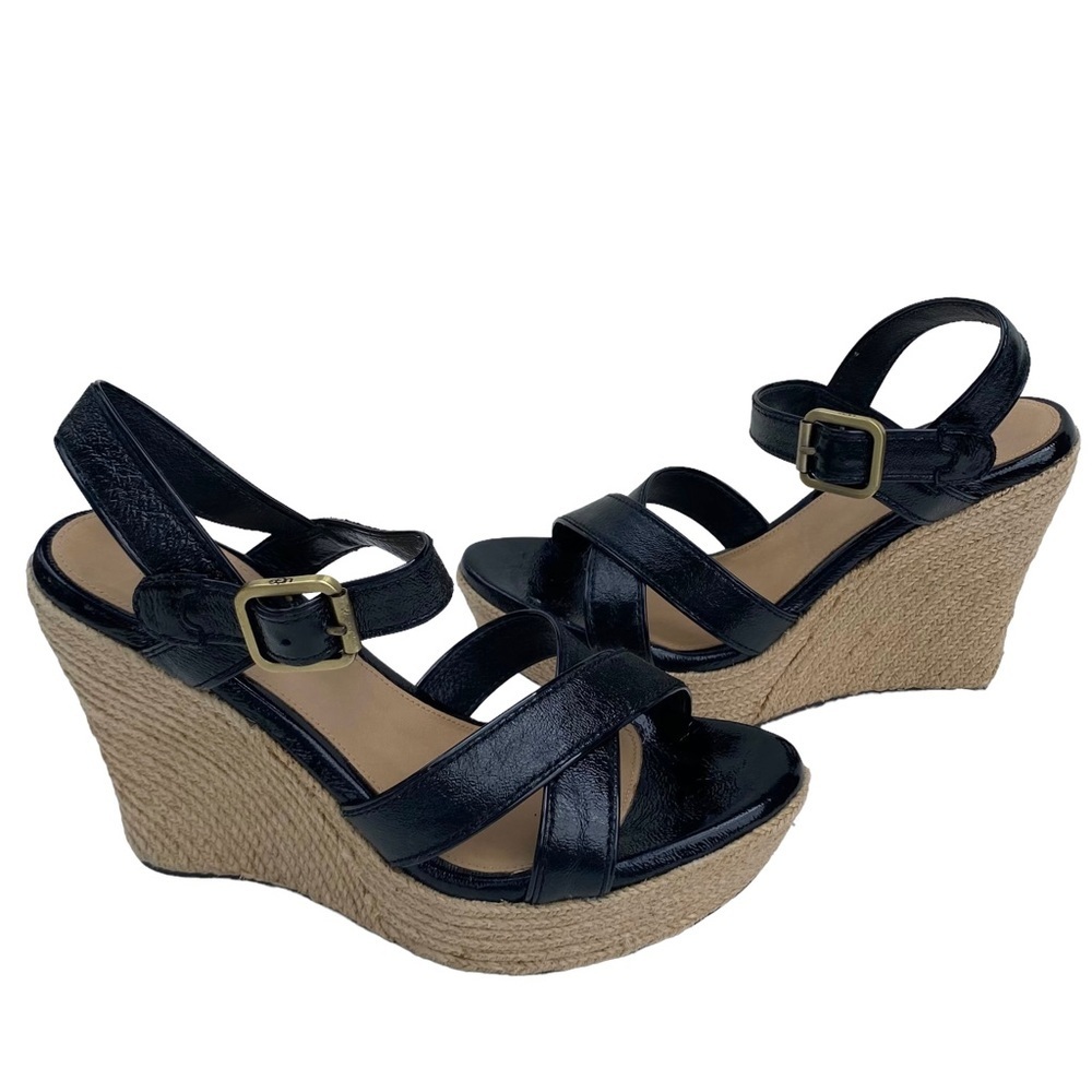 UGG Women’s Jacqueline Espadrille Black Patent Wedge Sandals, Ankle Strap Size 8 - Picture 13 of 15